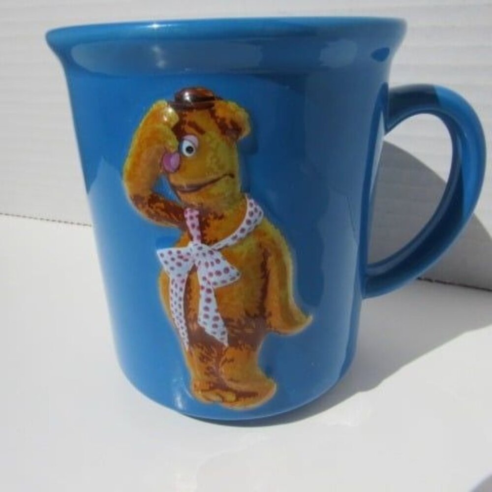 Vintage 2002 Muppets 3D Fozzie Bear Disney Blue Ceramic Coffee Mug, Jim Henson